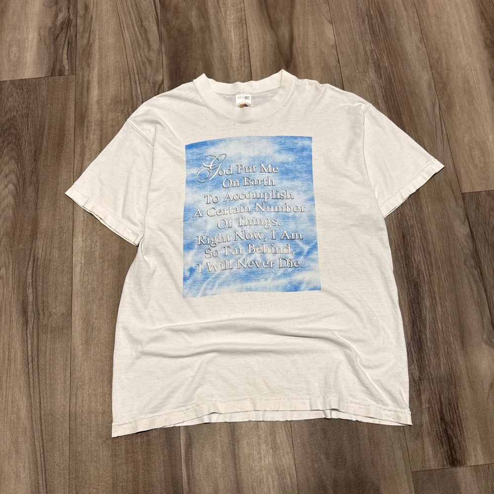 Vintage Fruit of the Loom Lofteez God Put Me On Earth Graphic T-Shirt White L